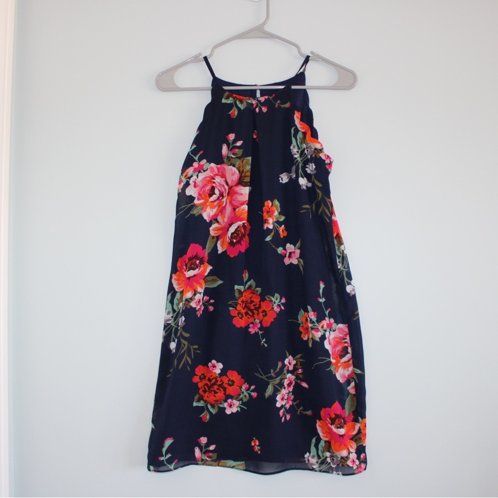 I.N. San Francisco Navy Red Rose Halter Scallop Dress in size XS